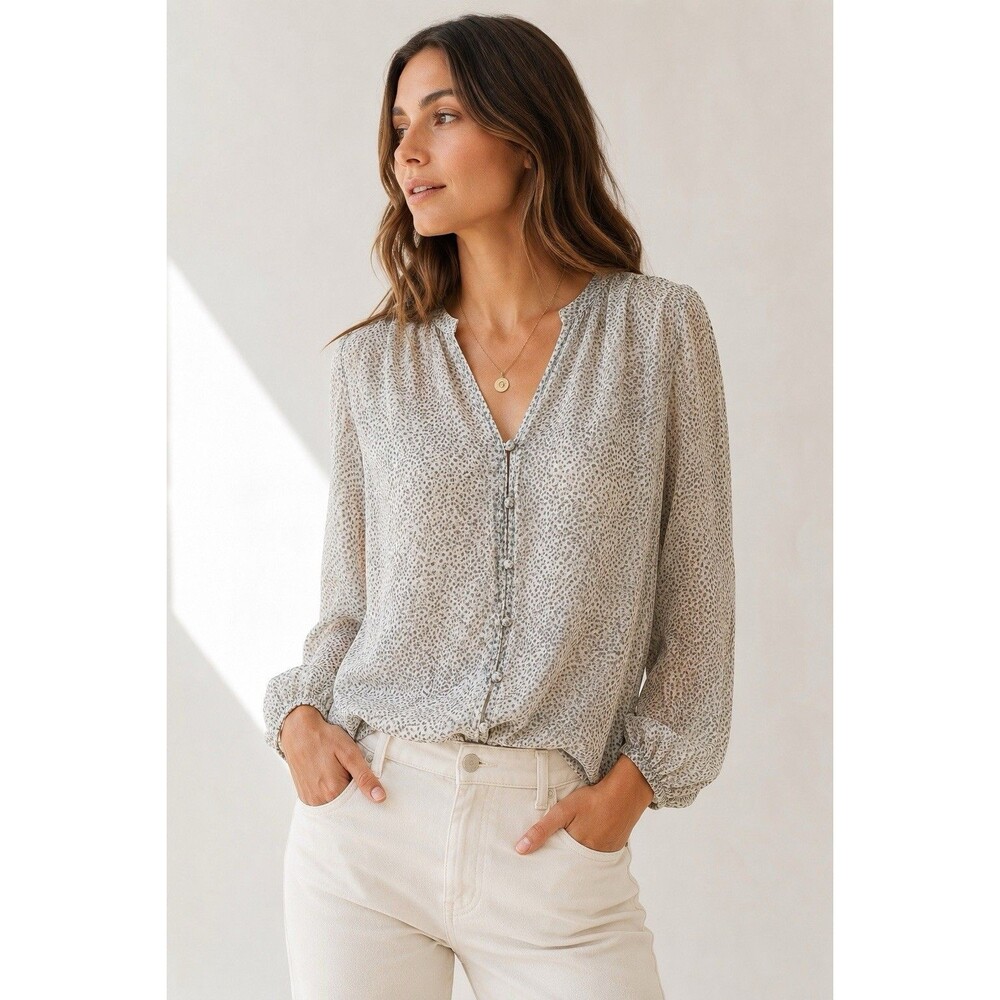 Joie 100% Silk Printed Blouse Gray Cream Long Sleeve Button Front Top Medium